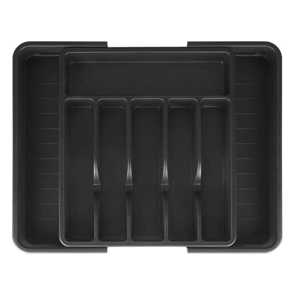 Extendable Kitchen Cutlery Drawer Organizer with Lid 8-Compartments Dustproof Storage Box Flatware Holder for Utensils - Black - 1