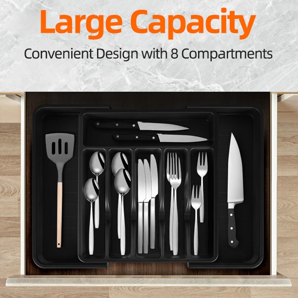 Extendable Kitchen Cutlery Drawer Organizer with Lid 8-Compartments Dustproof Storage Box Flatware Holder for Utensils - Black - 2