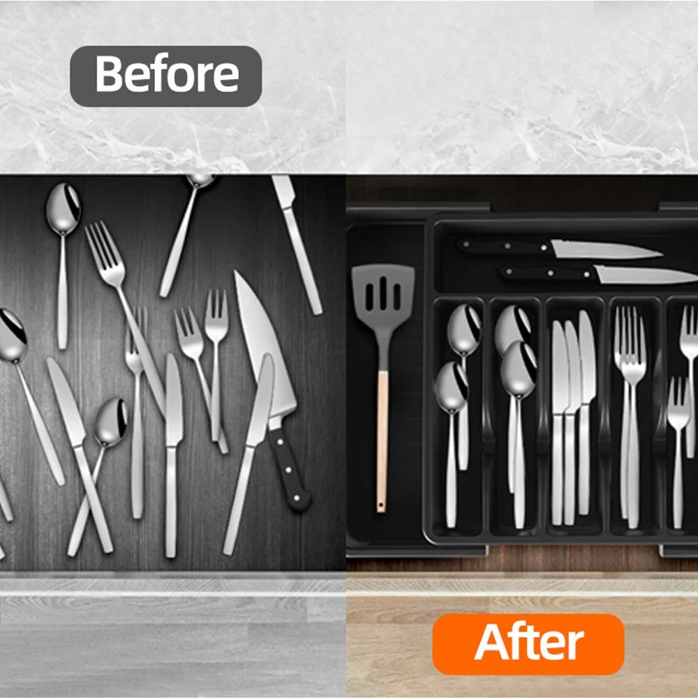 Extendable Kitchen Cutlery Drawer Organizer with Lid 8-Compartments Dustproof Storage Box Flatware Holder for Utensils - Black - 3