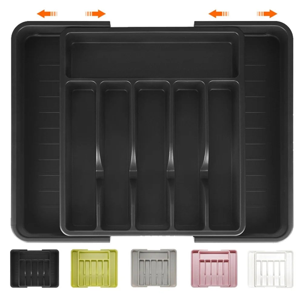 Extendable Kitchen Cutlery Drawer Organizer with Lid 8-Compartments Dustproof Storage Box Flatware Holder for Utensils - Black - 5