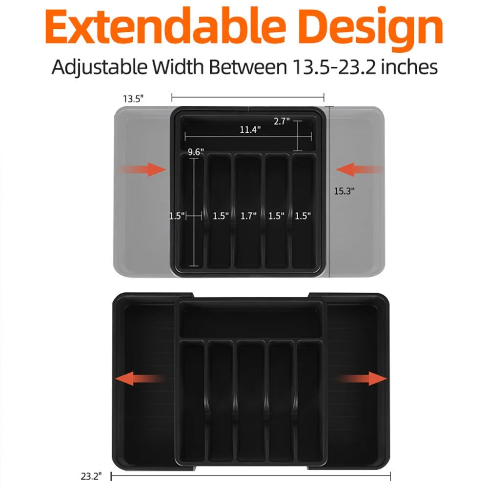 Extendable Kitchen Cutlery Drawer Organizer with Lid 8-Compartments Dustproof Storage Box Flatware Holder for Utensils - Black - 6
