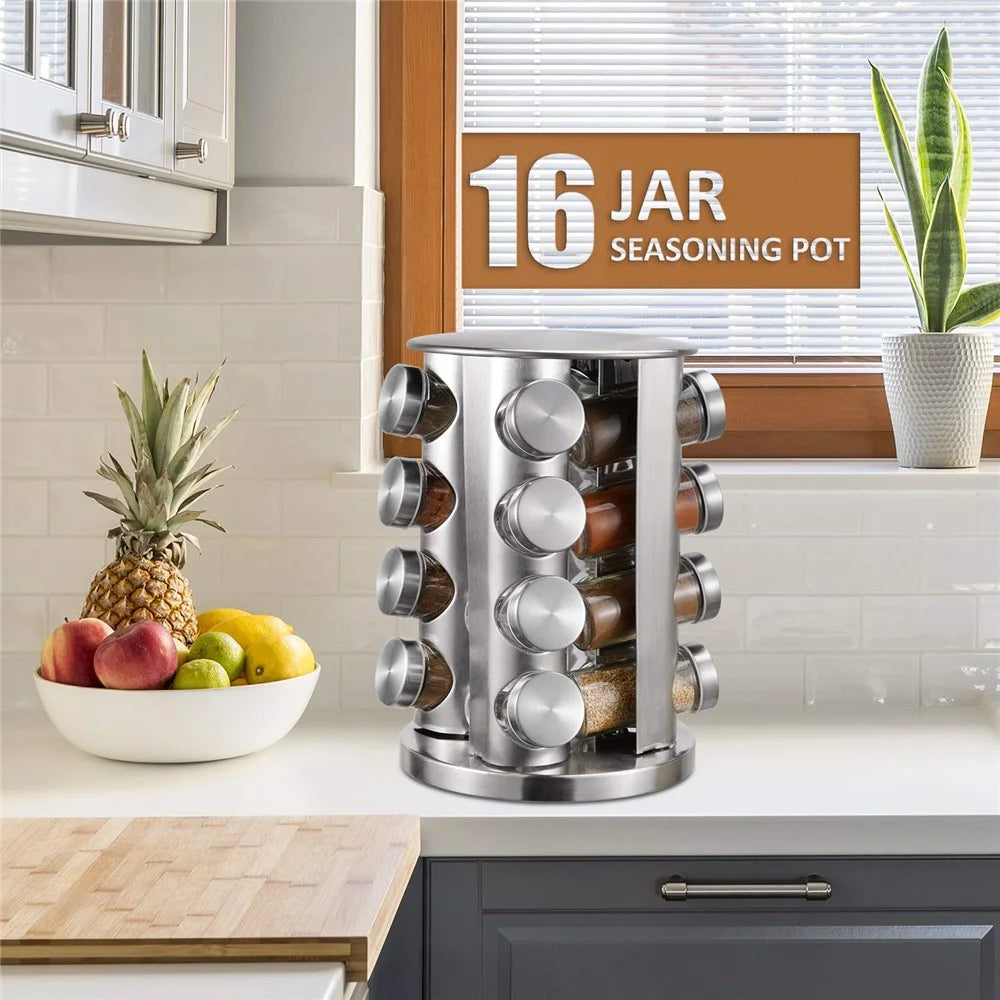 16Pcs Clear Glass Spice Jar Set with 360 Degree Rotating Base Kitchen Condiment Container (BPA Free, No FDA) - 3
