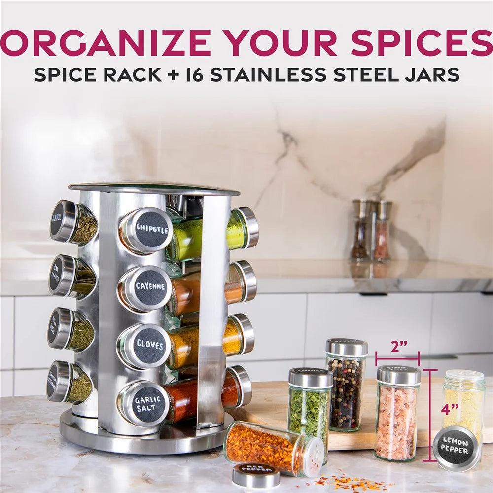 16Pcs Clear Glass Spice Jar Set with 360 Degree Rotating Base Kitchen Condiment Container (BPA Free, No FDA) - 4