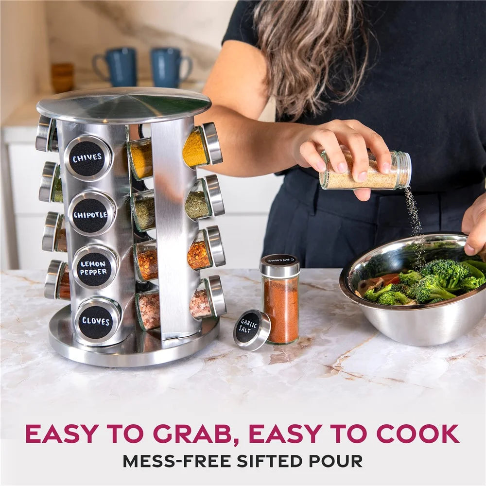 16Pcs Clear Glass Spice Jar Set with 360 Degree Rotating Base Kitchen Condiment Container (BPA Free, No FDA) - 6