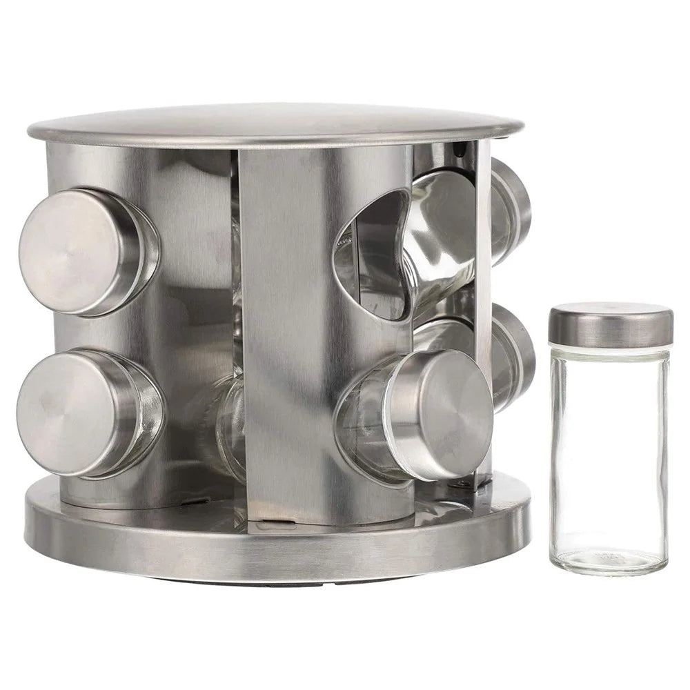 8Pcs Clear Glass Spice Jar Set with 360 Degree Rotating Base Kitchen Condiment Container (BPA Free, No FDA) - 1