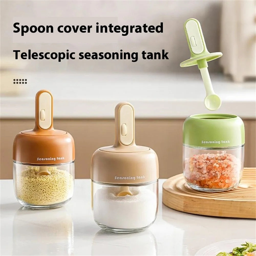 Kitchen Seasoning Container with Integrated Spoon Moisture Proof Glass Sealed Spice Jar (BPA Free, No FDA) - Green - 2