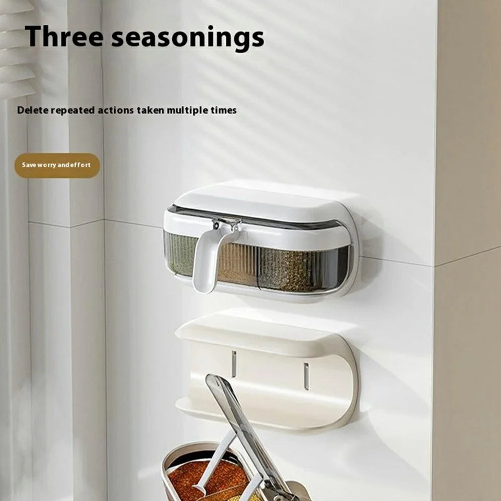 Wall Mounted Spice Rack Organizer No Drill Kitchen Seasoning Container 3 Compartments Multi-Function Storage Box - Beige - 2
