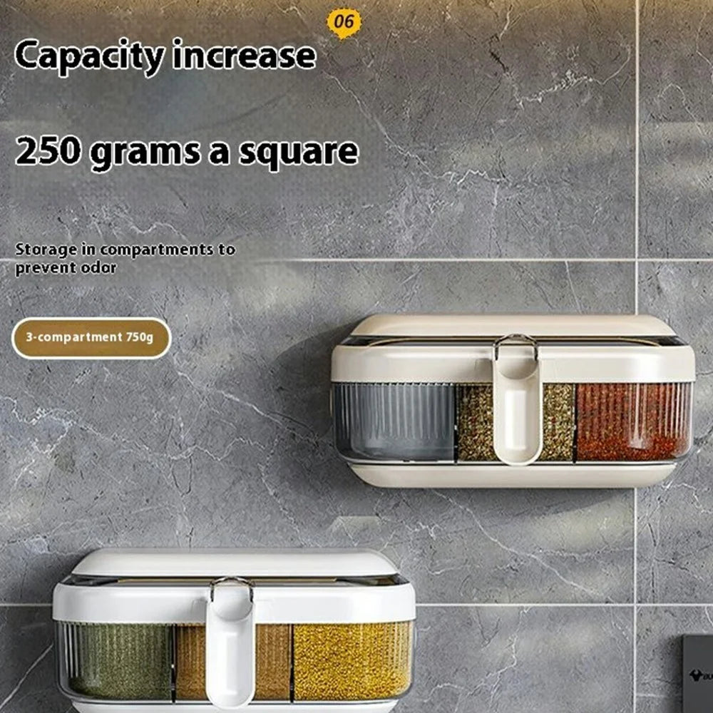Wall Mounted Spice Rack Organizer No Drill Kitchen Seasoning Container 3 Compartments Multi-Function Storage Box - Beige - 3