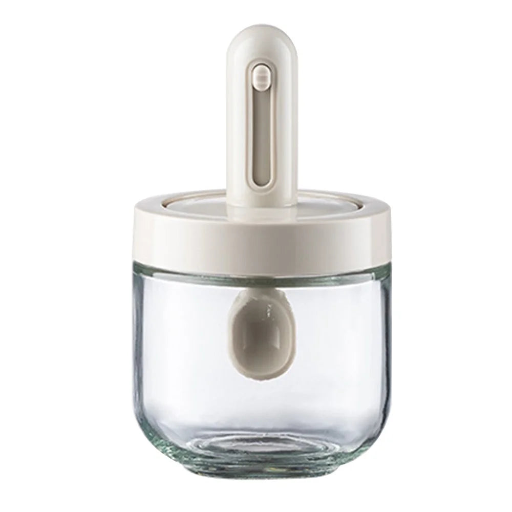 AAB020 Kitchen Glass Seasoning Box Retractable Spoon Spice Jar with Lid Leak Proof Salt Pepper Storage Container (BPA Free, No FDA Certificate) - White - 1