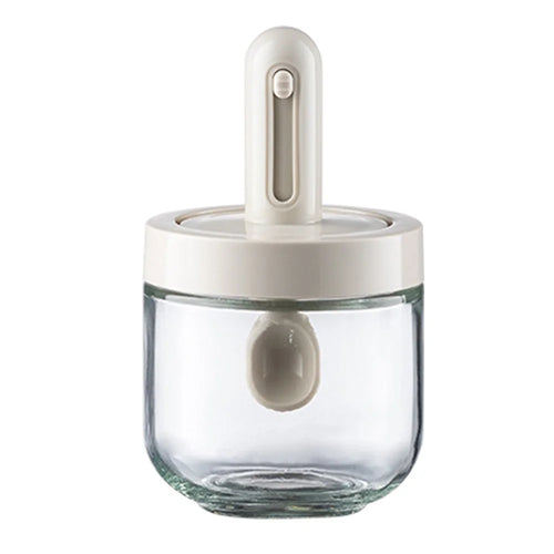 AAB020 Kitchen Glass Seasoning Box Retractable Spoon Spice Jar with Lid Leak Proof Salt Pepper Storage Container (BPA Free, No FDA Certificate) - White - 1