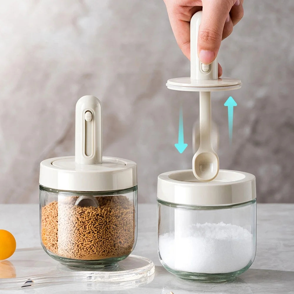 AAB020 Kitchen Glass Seasoning Box Retractable Spoon Spice Jar with Lid Leak Proof Salt Pepper Storage Container (BPA Free, No FDA Certificate) - White - 2