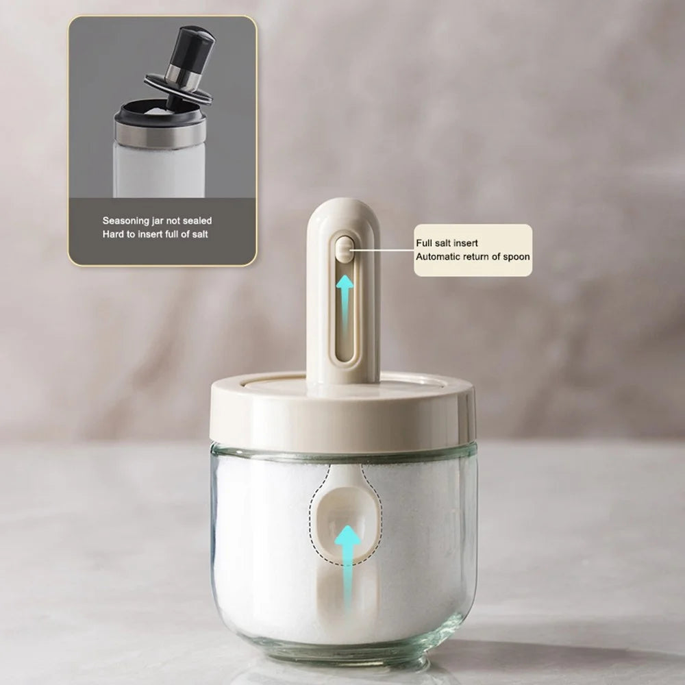 AAB020 Kitchen Glass Seasoning Box Retractable Spoon Spice Jar with Lid Leak Proof Salt Pepper Storage Container (BPA Free, No FDA Certificate) - White - 3