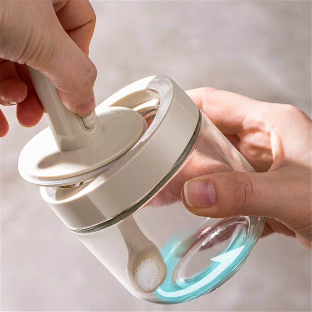 AAB020 Kitchen Glass Seasoning Box Retractable Spoon Spice Jar with Lid Leak Proof Salt Pepper Storage Container (BPA Free, No FDA Certificate) - White - 5