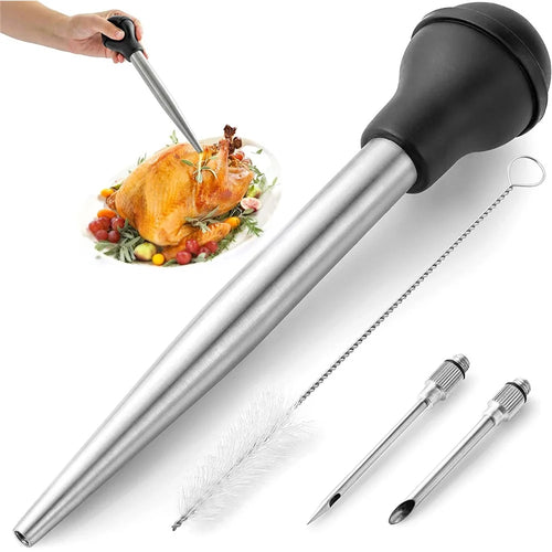 Kitchen Stainless Steel Turkey Baster for Cooking, Food-Grade Turkey Syringe with Silicone Suction Bulb, Cleaning Brush and Needles (No FDA Certified, BPA-Free) - 1