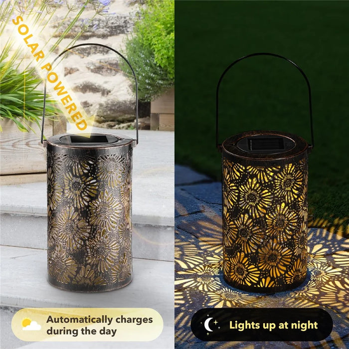 3D Dynamic Chrysanthemum Hollow Out Metal Outdoor Hanging Light Garden Solar Lantern, Size S - 3