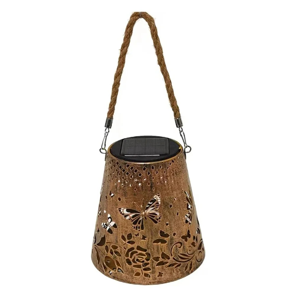Trapezoidal Garden Solar Lantern Butterfly Hollow Out Iron Art Outdoor Hanging Light - 1