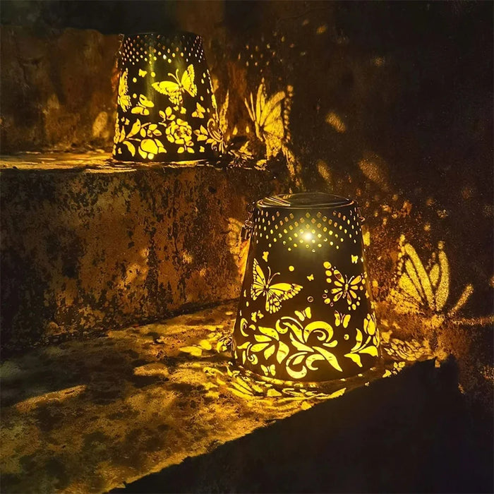 Trapezoidal Garden Solar Lantern Butterfly Hollow Out Iron Art Outdoor Hanging Light - 2