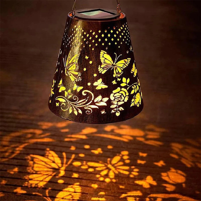 Trapezoidal Garden Solar Lantern Butterfly Hollow Out Iron Art Outdoor Hanging Light - 3
