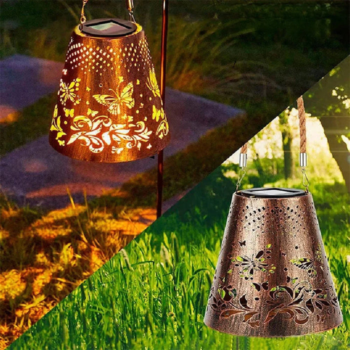 Trapezoidal Garden Solar Lantern Butterfly Hollow Out Iron Art Outdoor Hanging Light - 4