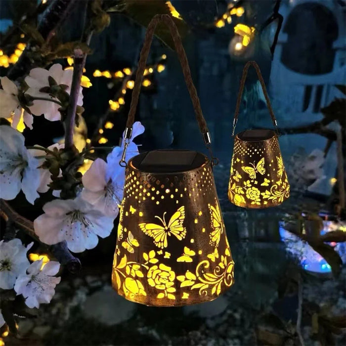 Trapezoidal Garden Solar Lantern Butterfly Hollow Out Iron Art Outdoor Hanging Light - 5