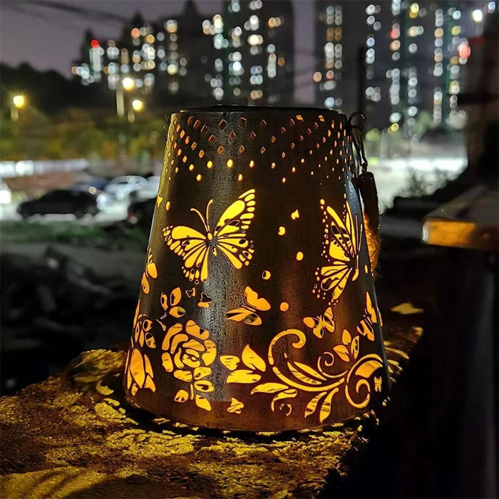 Trapezoidal Garden Solar Lantern Butterfly Hollow Out Iron Art Outdoor Hanging Light - 6