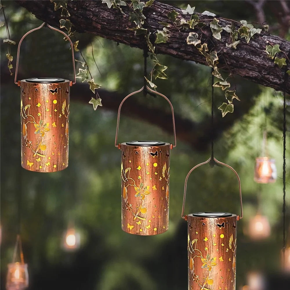 Hummingbird Hollow Out Metal Outdoor Hanging Light Decorative Garden Solar Lantern, Size L - 3