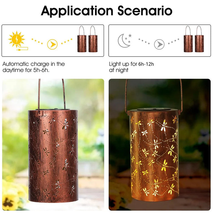 Dragonfly Solar Lantern Hollow Out Metal Outdoor Hanging Light Garden Decor, Size S - 6