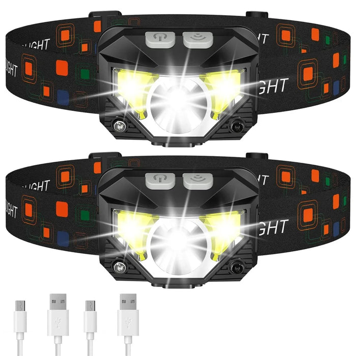 2Pcs USB Rechargeable LED Headlamp Gesture Sensor Waterproof Red Warning Headlight for Outdoor Night Fishing - 1