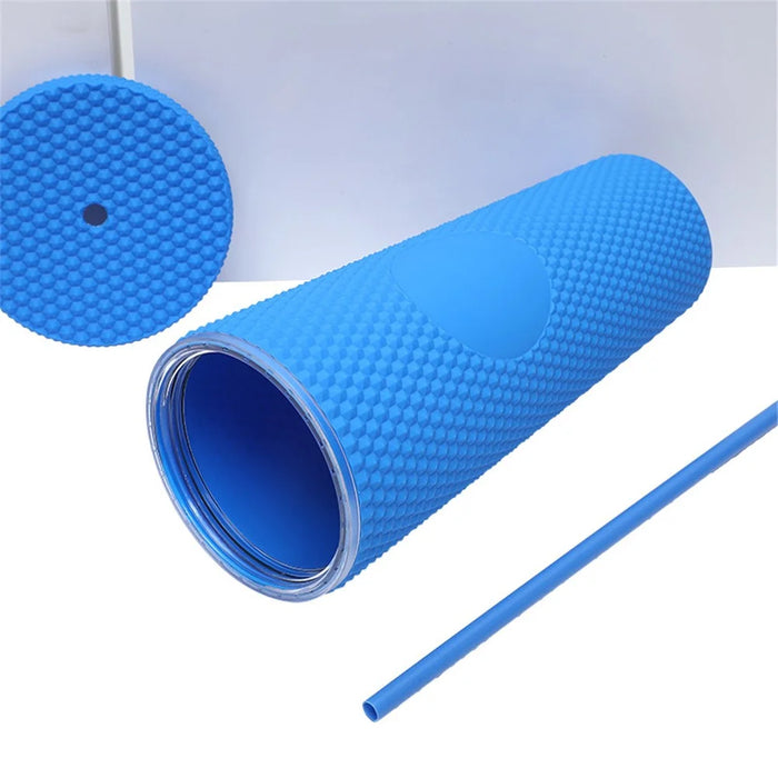 710ml Portable Studded Tumbler with Lid and Straw Iced Coffee Cups Double Wall Smooth Cup for Women Men (No FDA, BPA-Free) - Blue - 5