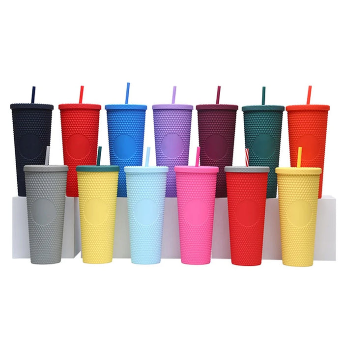 710ml Portable Studded Tumbler with Lid and Straw Iced Coffee Cups Double Wall Smooth Cup for Women Men (No FDA, BPA-Free) - Blue - 7