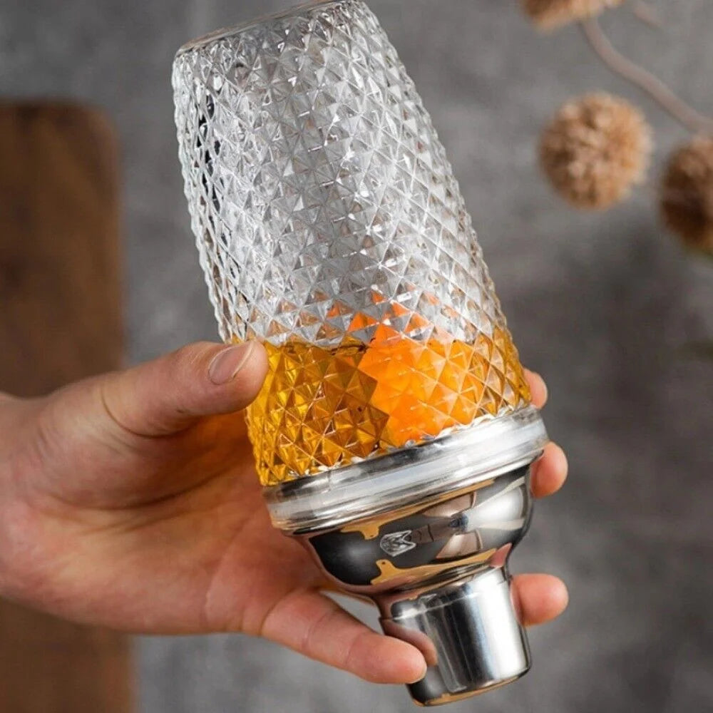 385ml Cocktail Shaker Woven Texture Glass+Stainless Steel Lid Cocktail Shaker Cup (BPA Free, No FDA Certification) - Silver - 2