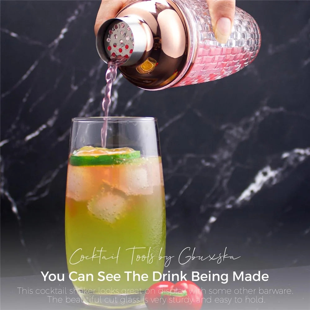385ml Cocktail Shaker Woven Texture Glass+Stainless Steel Lid Cocktail Shaker Cup (BPA Free, No FDA Certification) - Silver - 3