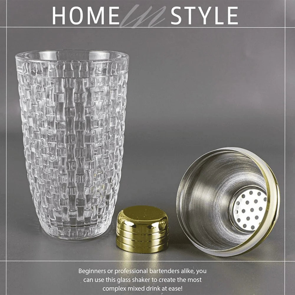 385ml Cocktail Shaker Woven Texture Glass+Stainless Steel Lid Cocktail Shaker Cup (BPA Free, No FDA Certification) - Silver - 4