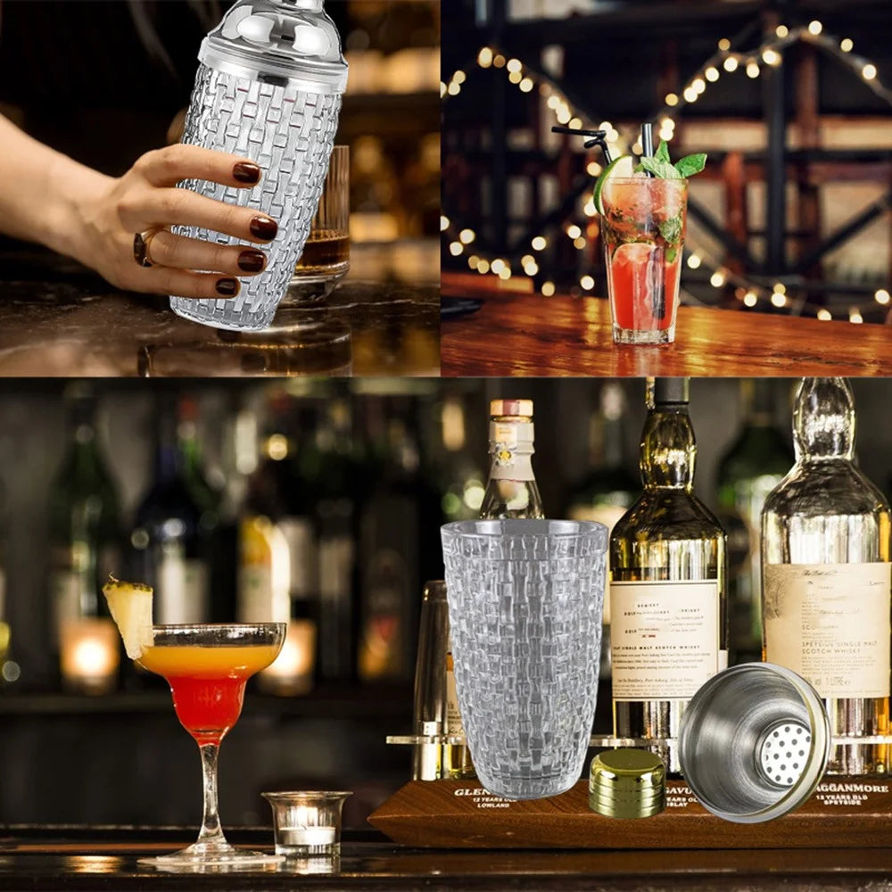 385ml Cocktail Shaker Woven Texture Glass+Stainless Steel Lid Cocktail Shaker Cup (BPA Free, No FDA Certification) - Silver - 5
