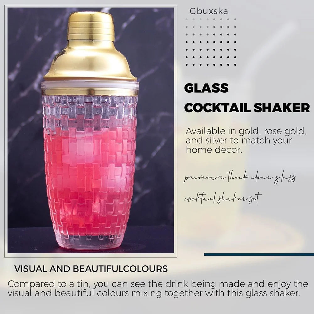 385ml Cocktail Shaker Woven Texture Glass+Stainless Steel Lid Cocktail Shaker Cup (BPA Free, No FDA Certification) - Silver - 6