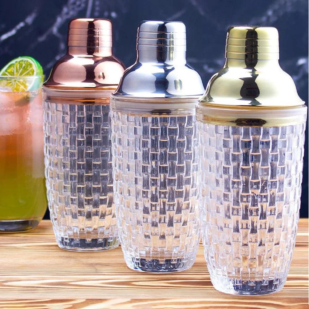 385ml Cocktail Shaker Woven Texture Glass+Stainless Steel Lid Cocktail Shaker Cup (BPA Free, No FDA Certification) - Silver - 7