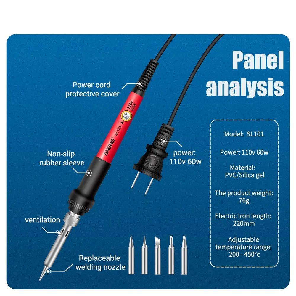 ANENG SL101 17PCS Multi-Functional 60W Electric Soldering Iron Kit with Replaceable Welding Head Electronic Repair Set - US Plug - 4