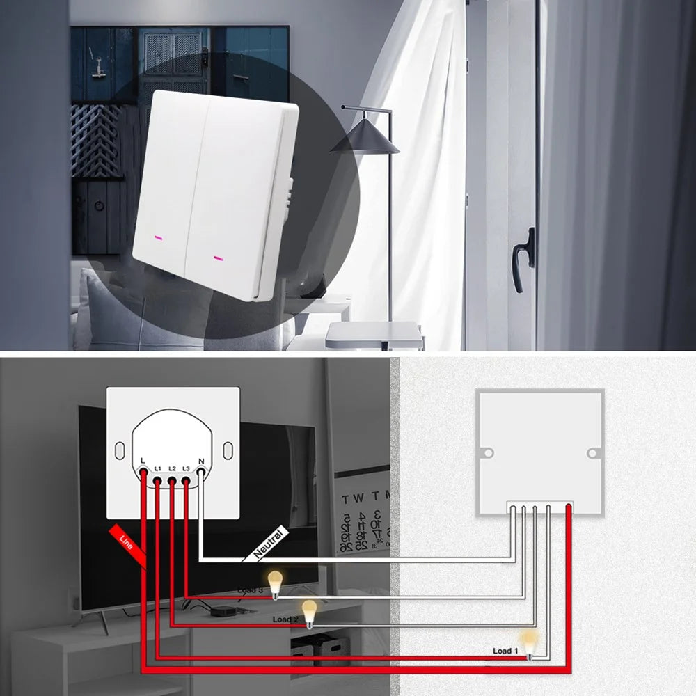 2-Gang Smart WiFi Switch Light Zero Fire Version Neutral Wire Fire Wire Required Voice Control Wall Switch Controller, EU Plug - 2