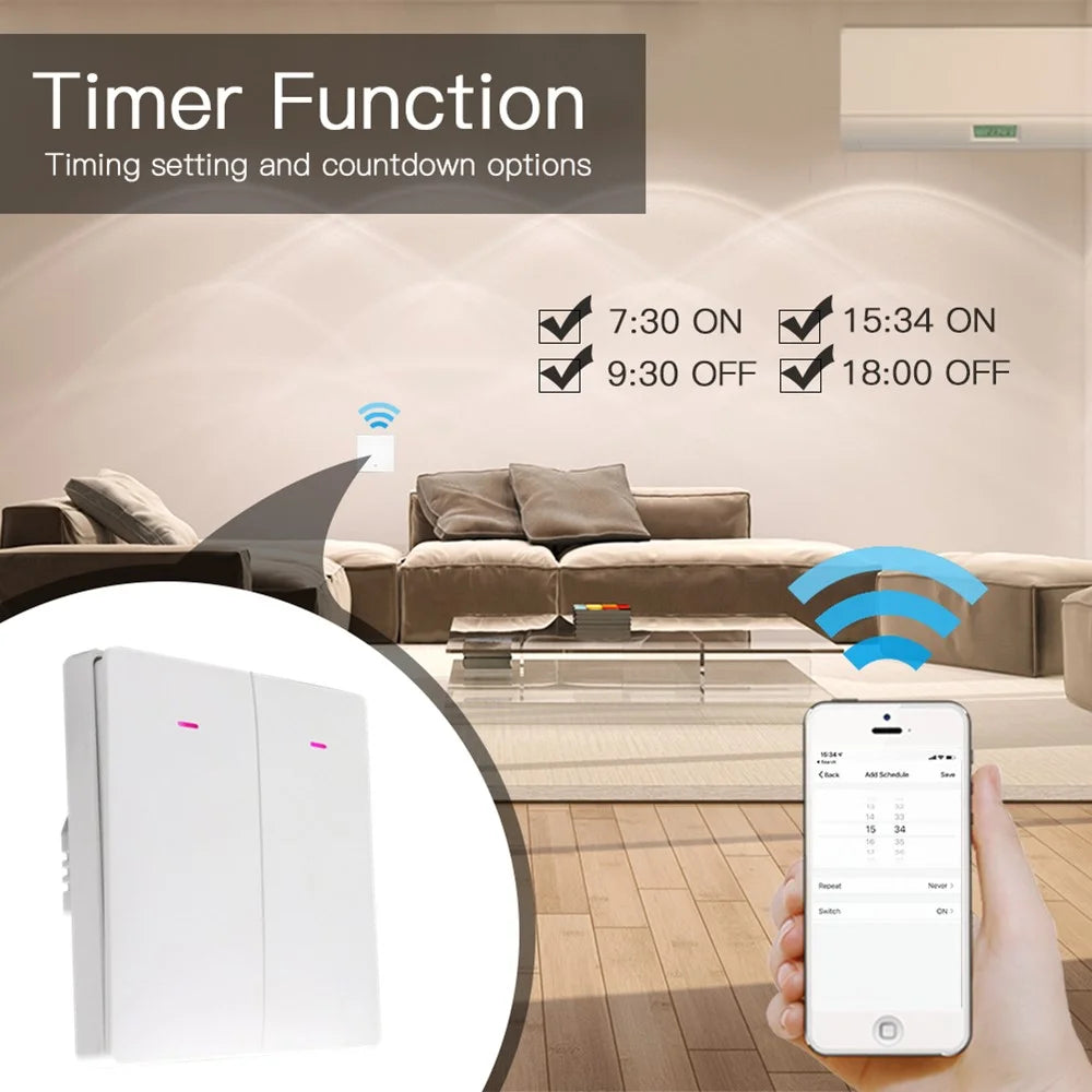 2-Gang Smart WiFi Switch Light Zero Fire Version Neutral Wire Fire Wire Required Voice Control Wall Switch Controller, EU Plug - 6