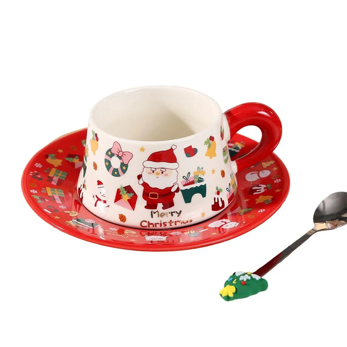 Christmas Ceramic Coffee Cup Mug Saucer Set with Spoon Xmas Gift - Red - 1