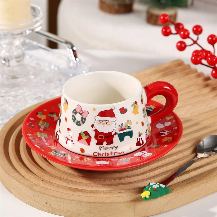 Christmas Ceramic Coffee Cup Mug Saucer Set with Spoon Xmas Gift - Red - 3