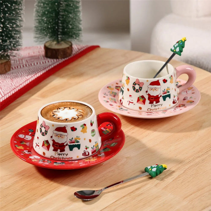 Christmas Ceramic Coffee Cup Mug Saucer Set with Spoon Xmas Gift - Red - 7