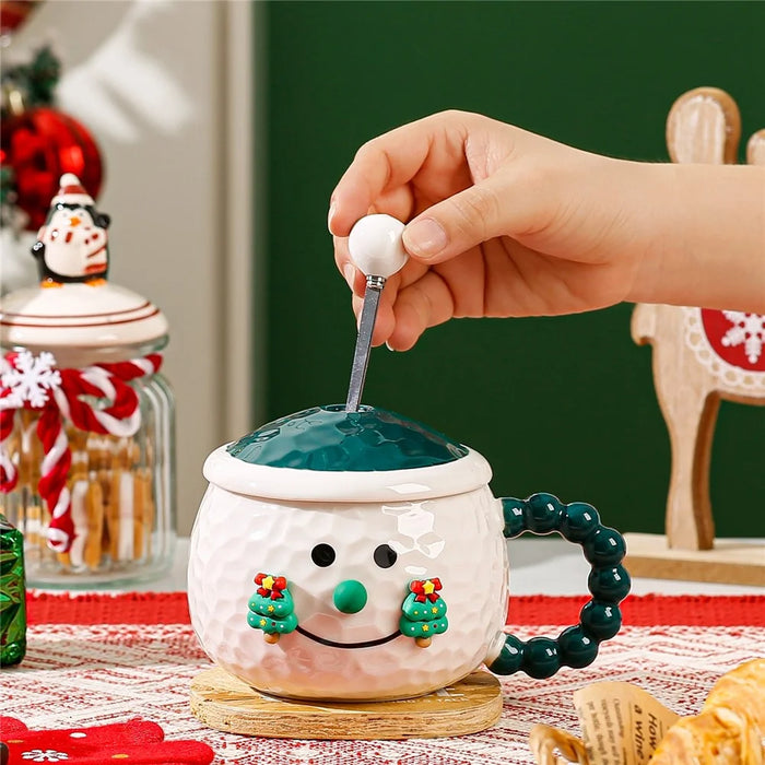 Creative Christmas Cartoon Ceramic Mug with Lid 420ml Coffee Cup for Holiday Gift - Green - 3