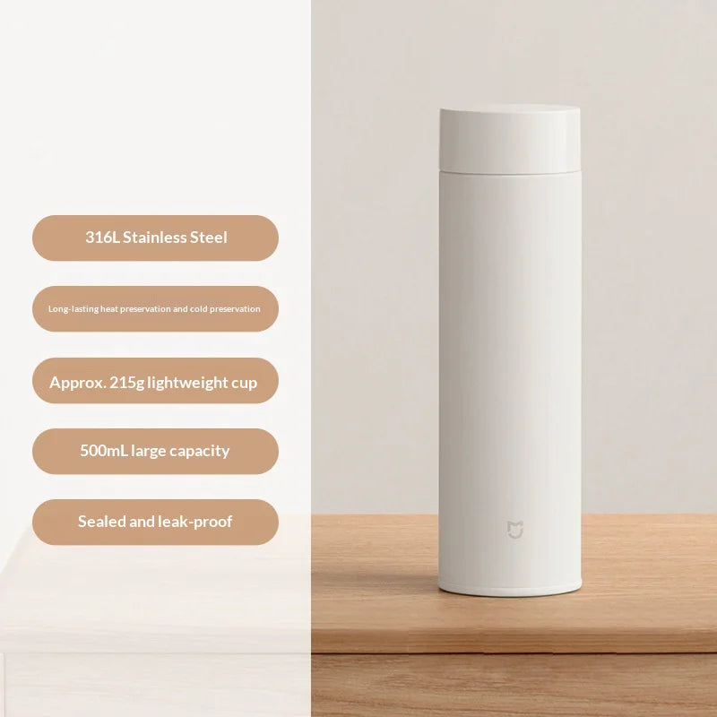 XIAOMI MIJIA MJBWB01PL 500ml Insulated Thermal Water Bottle 316L Stainless Steel Drinking Bottle for Office Travel (Chinese Version) (BPA Free, No FDA) - White - 2