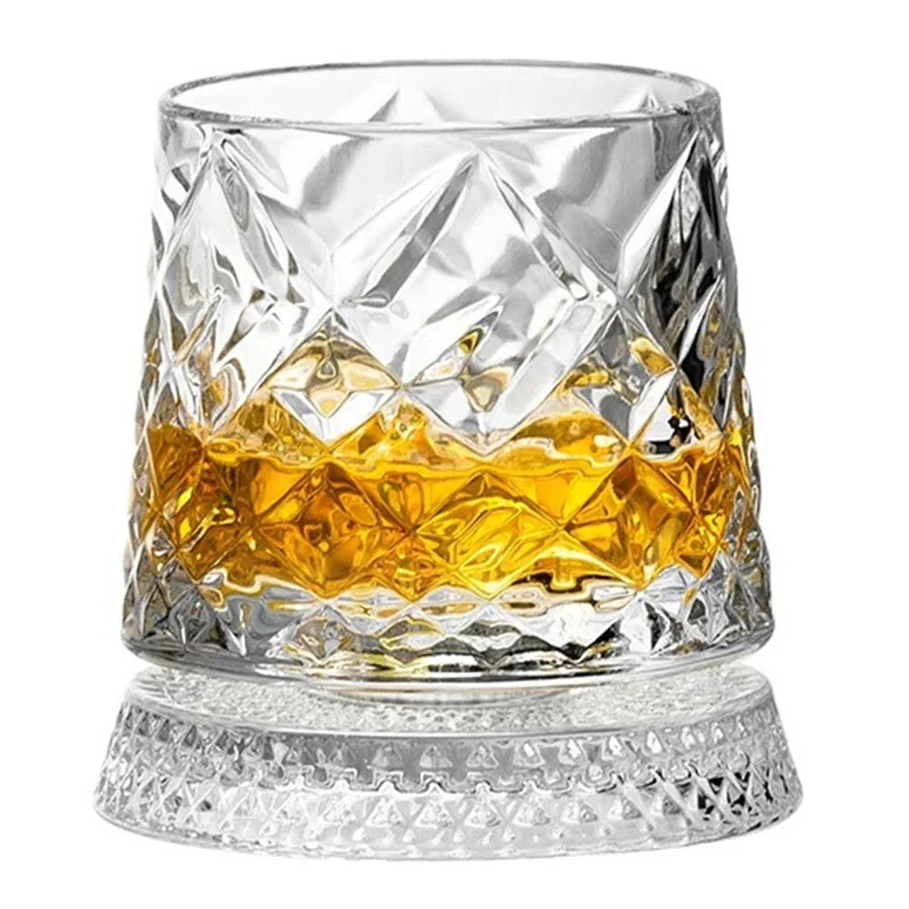 270ml Spinning Whiskey Glass Rotating Base 3D Embossed Pattern Crystal Glass Cup (BPA Free, No FDA) - Style A - 1