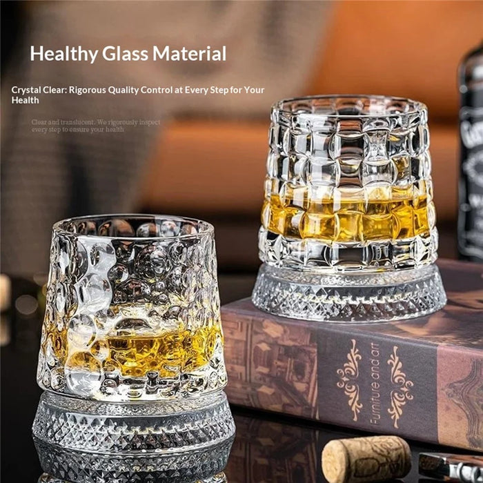 270ml Spinning Whiskey Glass Rotating Base 3D Embossed Pattern Crystal Glass Cup (BPA Free, No FDA) - Style A - 3