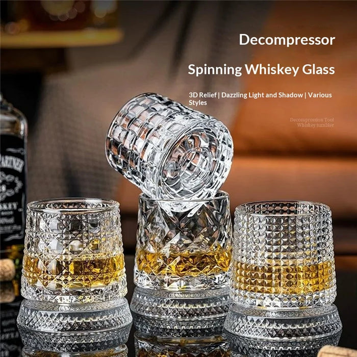 270ml Spinning Whiskey Glass Rotating Base 3D Embossed Pattern Crystal Glass Cup (BPA Free, No FDA) - Style A - 4