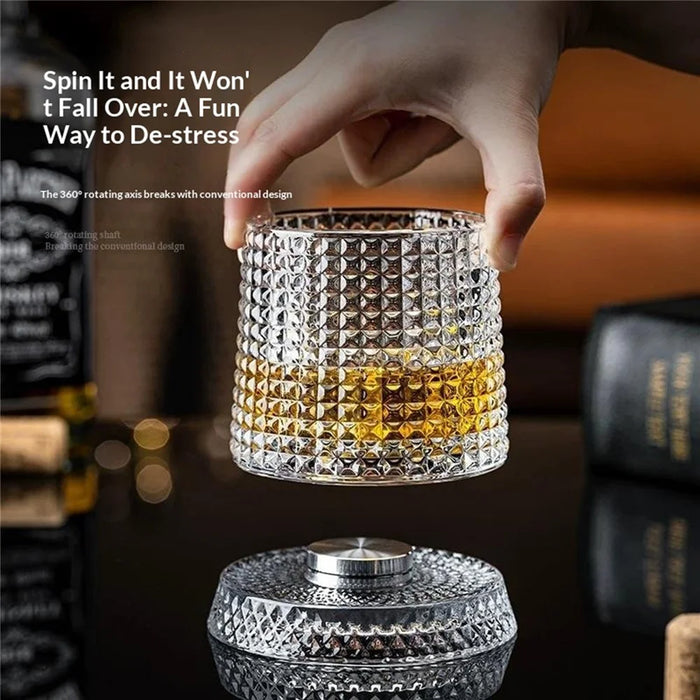 270ml Spinning Whiskey Glass Rotating Base 3D Embossed Pattern Crystal Glass Cup (BPA Free, No FDA) - Style A - 6