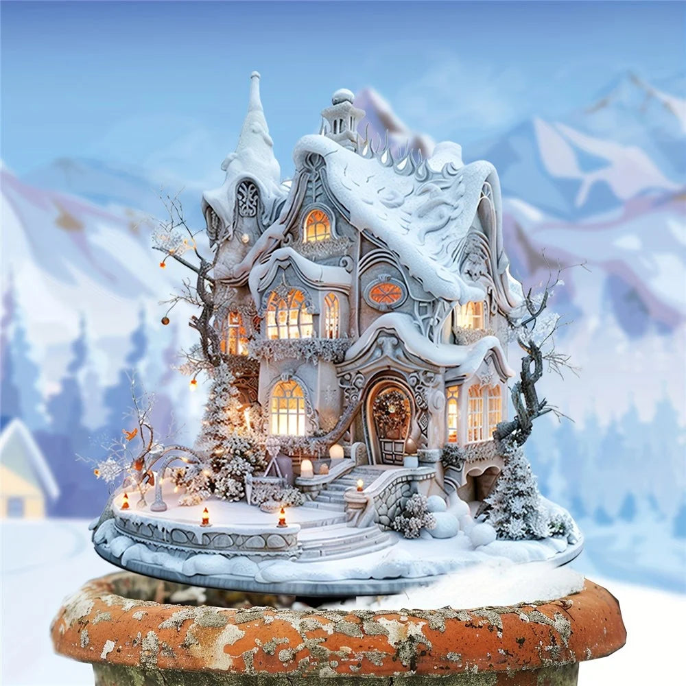 Christmas Snow House Sign Acrylic Waterproof 2D Winter Holiday House Potted Plants Ground Plug - 3