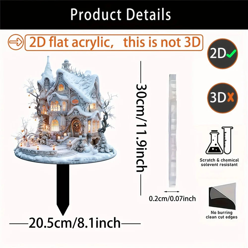 Christmas Snow House Sign Acrylic Waterproof 2D Winter Holiday House Potted Plants Ground Plug - 4